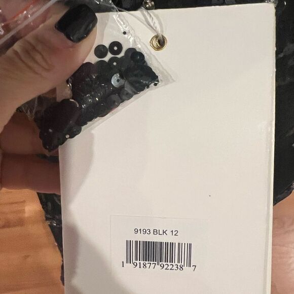 NWT MAC DUGGAL Black Sequined High Neck Ruffled Flutter Sleeve Midi Dress sz 12 - Picture 13 of 13